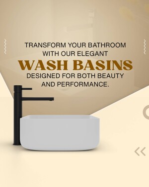Modern white wash basin with black faucet on a beige background