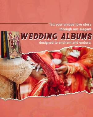 Wedding album advertisement featuring a couple and a displayed album.