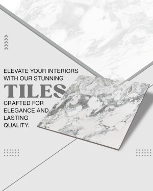 Close-up of grey marble tiles with text promoting interior design