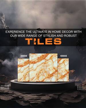 Advertisement for stylish and robust tiles with a marble pattern.