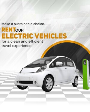 White electric car charging at a station with text promoting sustainable travel.