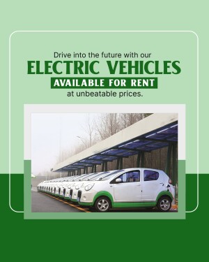 Advertisement for electric vehicle rentals with a charging station in the background.
