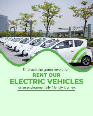 Row of white electric cars with green accents, promoting rental services