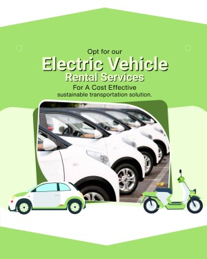 Image promoting electric vehicle rental services with a row of white EVs and a scooter.