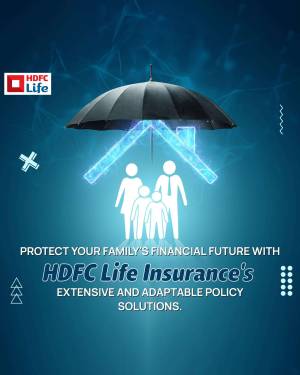 HDFC Life Insurance advertisement featuring a family under an umbrella with a house silhouette.