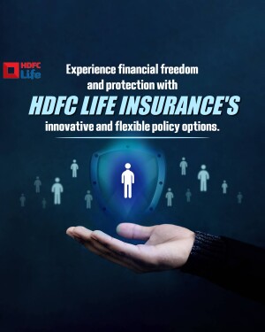 HDFC Life Insurance ad with a hand holding a shield with a person inside, surrounded by silhouettes.