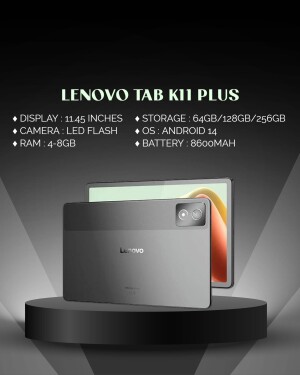 Lenovo Tab K11 Plus tablet displayed on a pedestal with specifications.