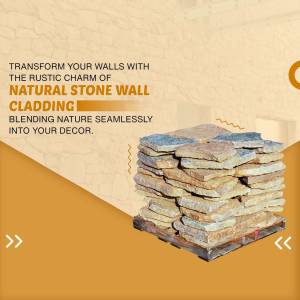 Image of stacked natural stone wall cladding with promotional text.
