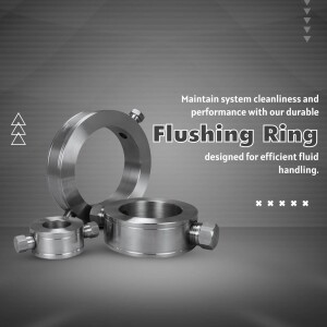 Close-up of a stainless steel flushing ring with text overlay