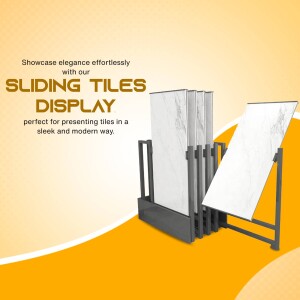Modern sliding tile display stand with white marble-look tiles