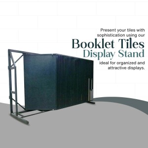 Black metal tile display stand with text overlay promoting Booklet Tiles.