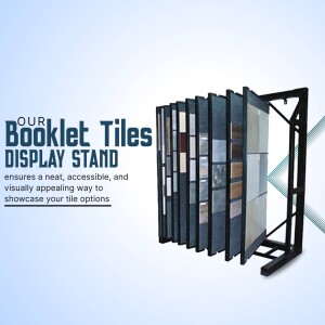 Black metal tile display stand showcasing a variety of tile samples.