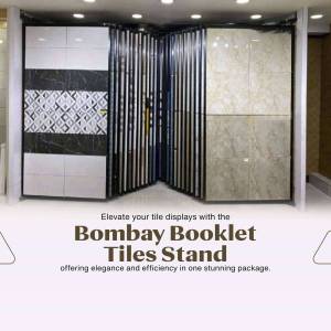 Display of various tile designs in a showroom, showcasing the Bombay Booklet Tiles Stand.