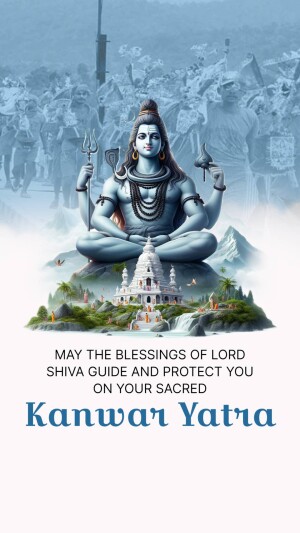 Image of Lord Shiva meditating with a temple and mountains in the background, with text 'May the Blessings of Lord Shiva guide and protect you' and 'Kanwar Yatra'.