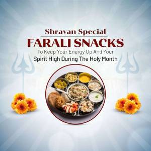 A promotional image for Farali Snacks during the Shravan month, featuring a traditional Indian thali.