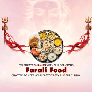 A promotional image for Farali food during the Shravan month, featuring a thali with various dishes.