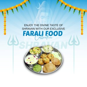 A promotional image for Shravan Farali Food Collection featuring traditional Indian dishes.