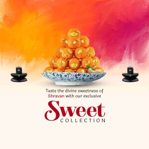 A pyramid of orange sweets on a plate with Shivlingas, promoting a Shravan special sweet collection.