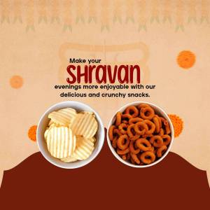 Image of potato chips and ring-shaped snacks in bowls with Shravan festival text.