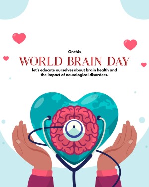 Illustration for World Brain Day featuring a brain inside a heart held by hands with a stethoscope.