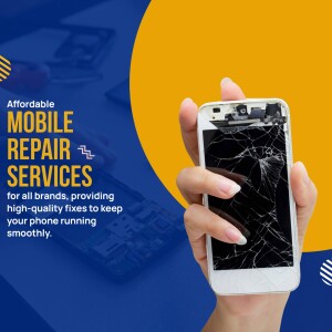 Hand holding a broken smartphone being repaired, with text advertising mobile repair services.