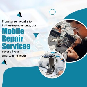 A promotional image for mobile repair services, featuring a technician repairing a smartphone.