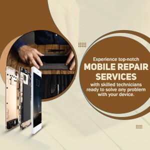 Image of a disassembled smartphone with text promoting mobile repair services.