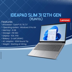 Lenovo IdeaPad Slim 3i 12th Gen laptop with Windows 11 displayed on screen