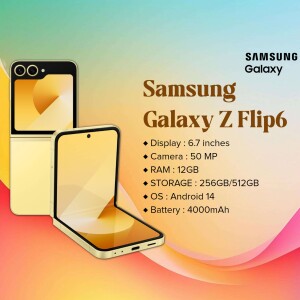 Image of the Samsung Galaxy Z Flip6 foldable smartphone in gold color.