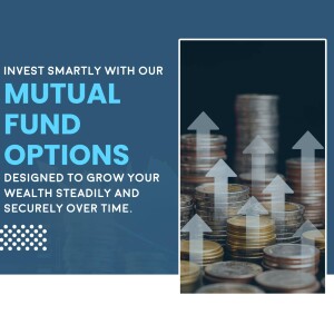 Image promoting mutual fund investment options with stacked coins and arrows pointing upwards.