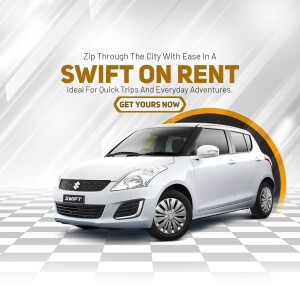 White Suzuki Swift car rental advertisement with a call to action.