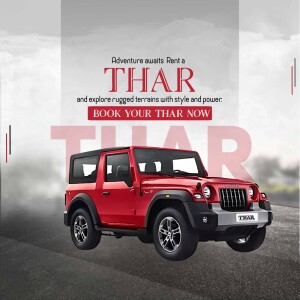 Red Mahindra Thar parked on a road with a blurred background