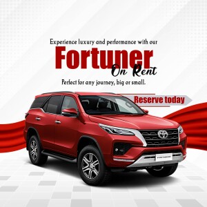 Red Toyota Fortuner on rent with a promotional banner