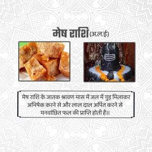 Image depicting offerings of sweets and a Shiva Lingam with text in Hindi related to Mesh Rashi and Shravan Maas.