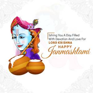 Illustration of Lord Krishna with a flute and pots, celebrating Janmashtami