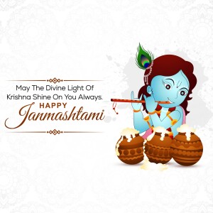 Illustration of baby Krishna playing a flute with decorative elements for Janmashtami