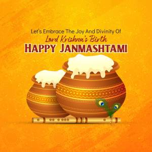 Janmashtami festival greeting with pots, flute, and peacock feather