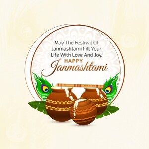 Janmashtami festival greeting with pots, peacock feathers, and text
