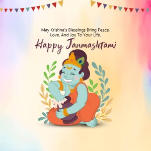 Illustration of baby Krishna with festive decorations for Janmashtami