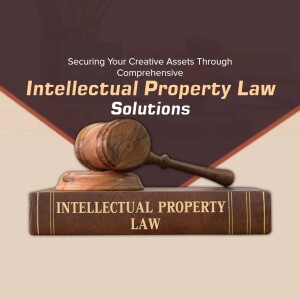 Image depicting a gavel resting on law books with the text 'Intellectual Property Law Solutions'