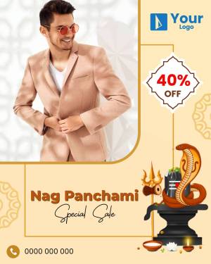 Man in a suit with a Nag Panchami sale promotion