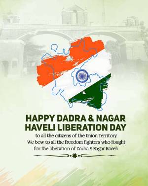 Image commemorating Dadra and Nagar Haveli Liberation Day with the Indian flag and a historical building in the background.