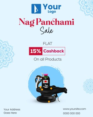 Nag Panchami Sale advertisement with a Shiva Linga and cashback offer.