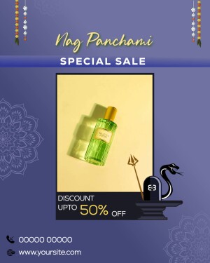 Nag Panchami sale advertisement featuring a perfume bottle and snake imagery.
