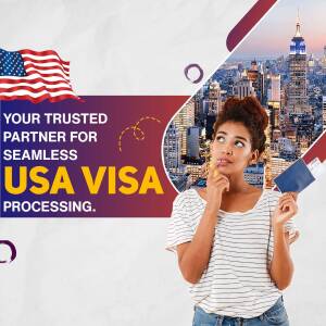 Woman holding a passport with the American flag and New York City skyline in the background, advertising USA visa processing services.