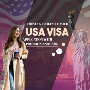Woman holding a passport with the Statue of Liberty and American flag in the background, advertising USA visa services.