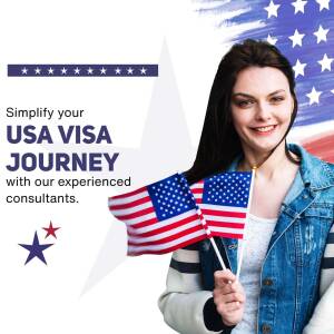 Woman holding US flags with text about USA visa assistance