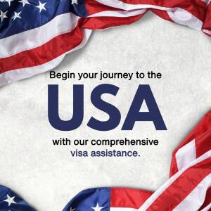 American flag with text promoting USA visa assistance