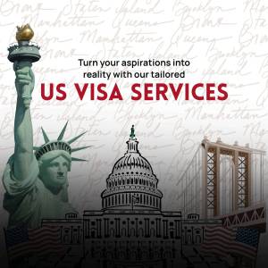 Image depicting the Statue of Liberty, US Capitol Building, Brooklyn Bridge, and American flag with text promoting US Visa Services.
