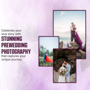 Collage of prewedding photos with a purple and white background